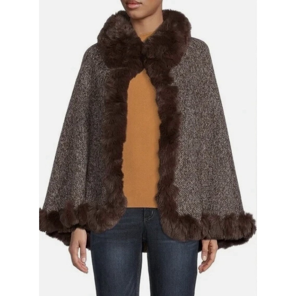 NWT Vince Camuto Faux Fur Trim Cape Shawl Capelet Penny Lane Tweed One Size - Picture 2 of 13